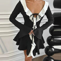 Black Long Sleeve White Ruffles Mini Dress