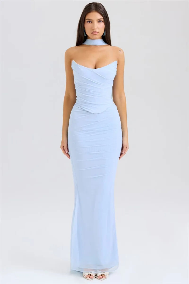 Corset And Bodycon Maxi Skirt With Neckerchief Set