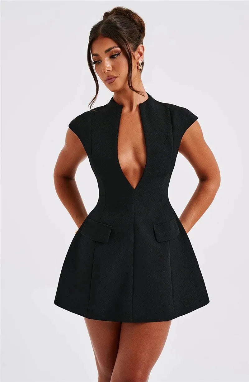 Black Deep Neck Short Sleeve Mini Dress