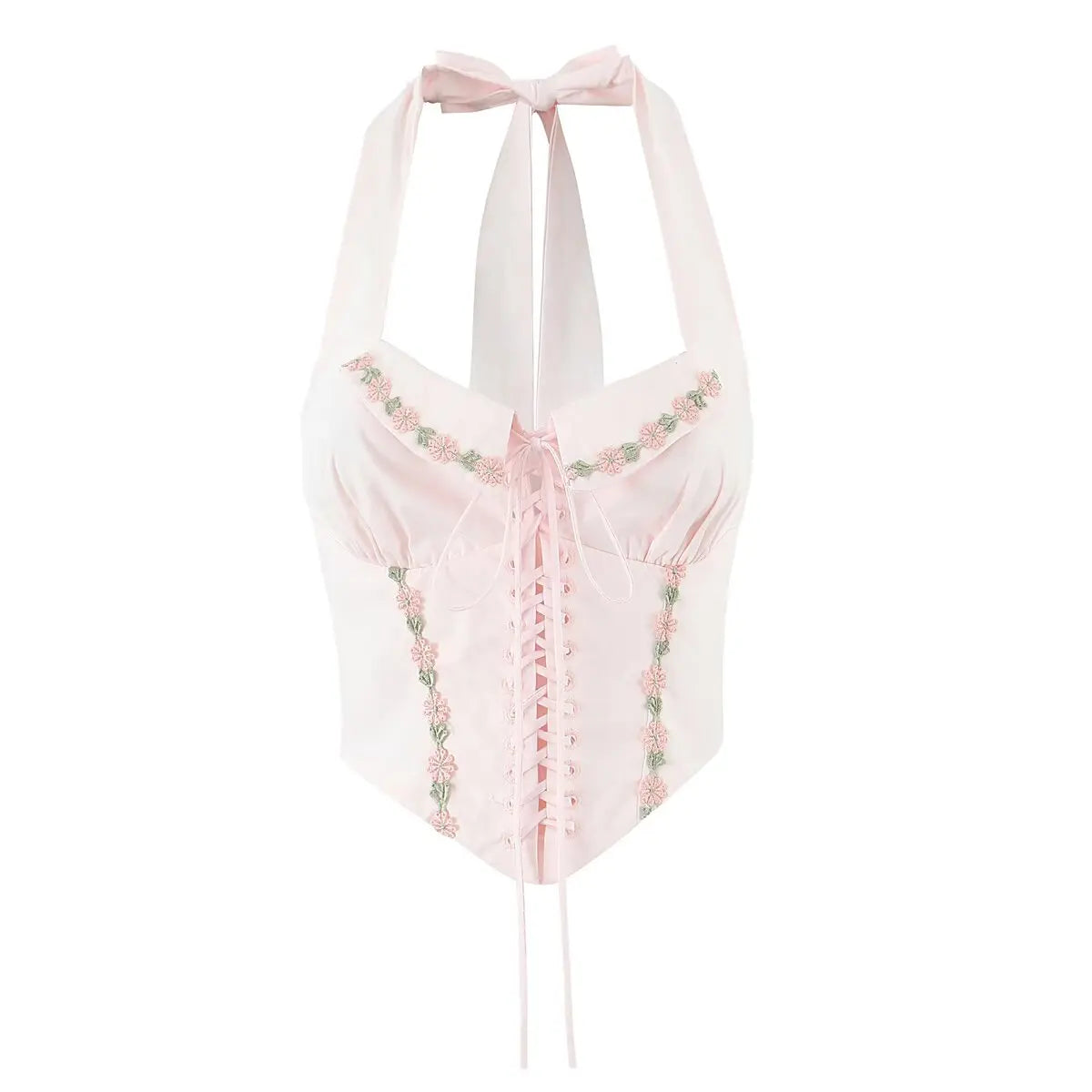 Pink Floral Embroidery Lace Up Halter Top