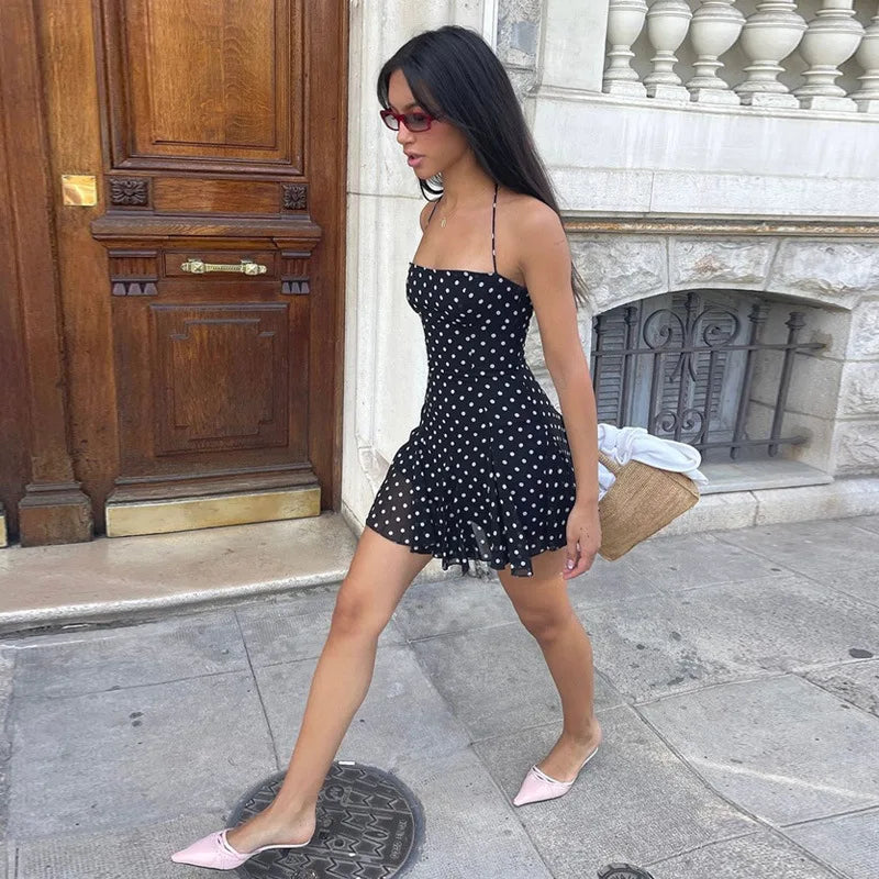 Black Polka Dot Halter Mini Dress