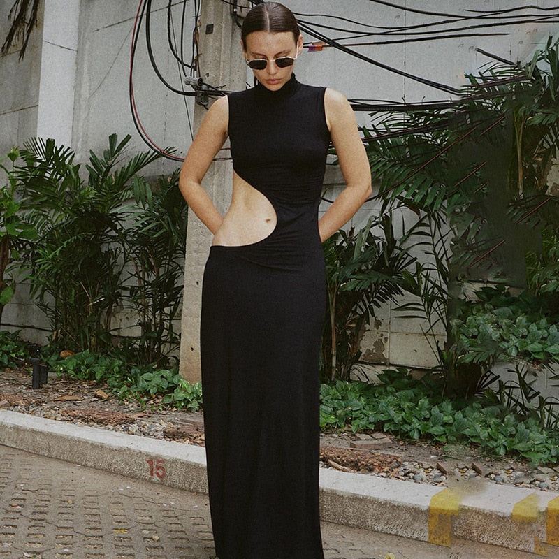 Black Mock Neck Tank Side Cut Out Maxi Dress