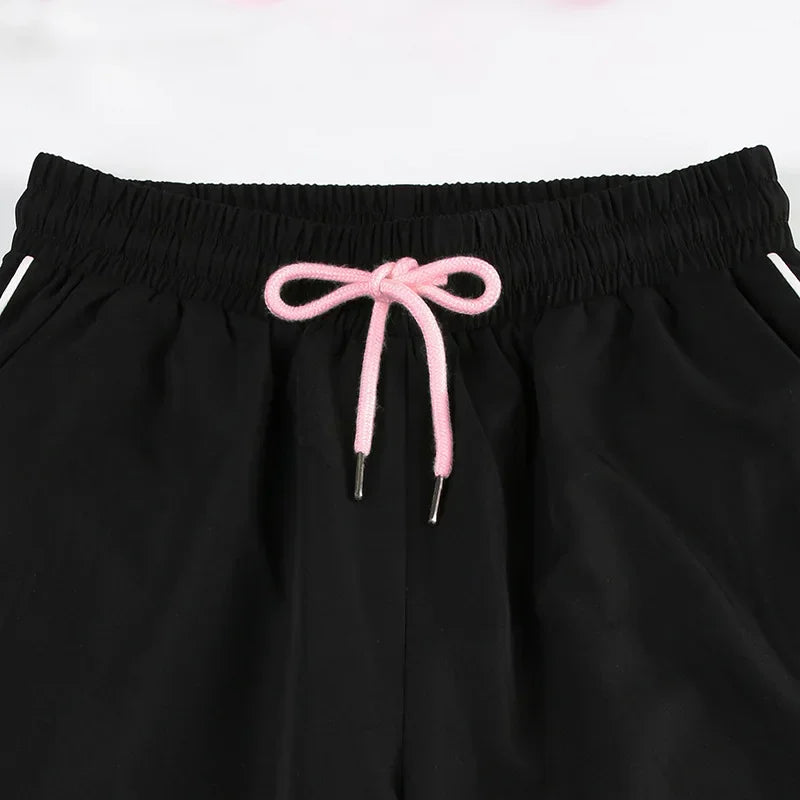 Black Side Bow Drawstring Straight Sweatpants