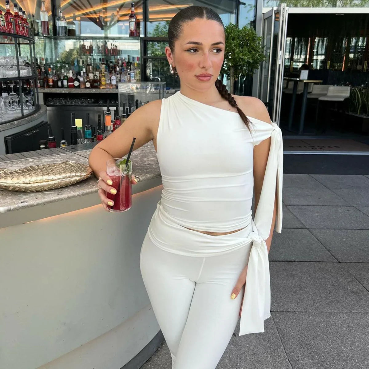 White One Shoulder Tie Up Top And Knee Length Pant Set