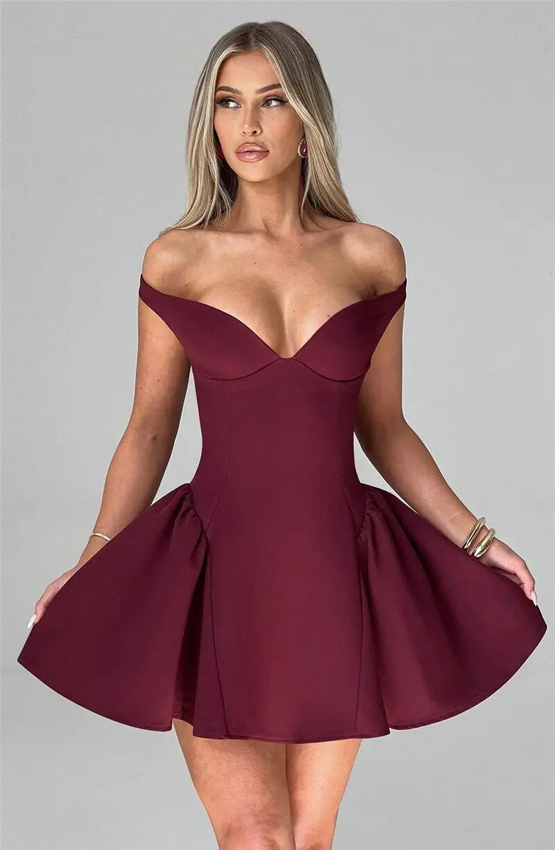 Burgundy Off-shoulder Mini Dress