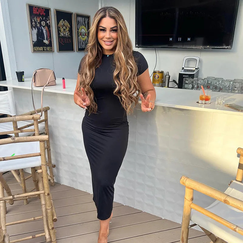 Crewneck Solid Short Sleeve Bodycon Long Dress