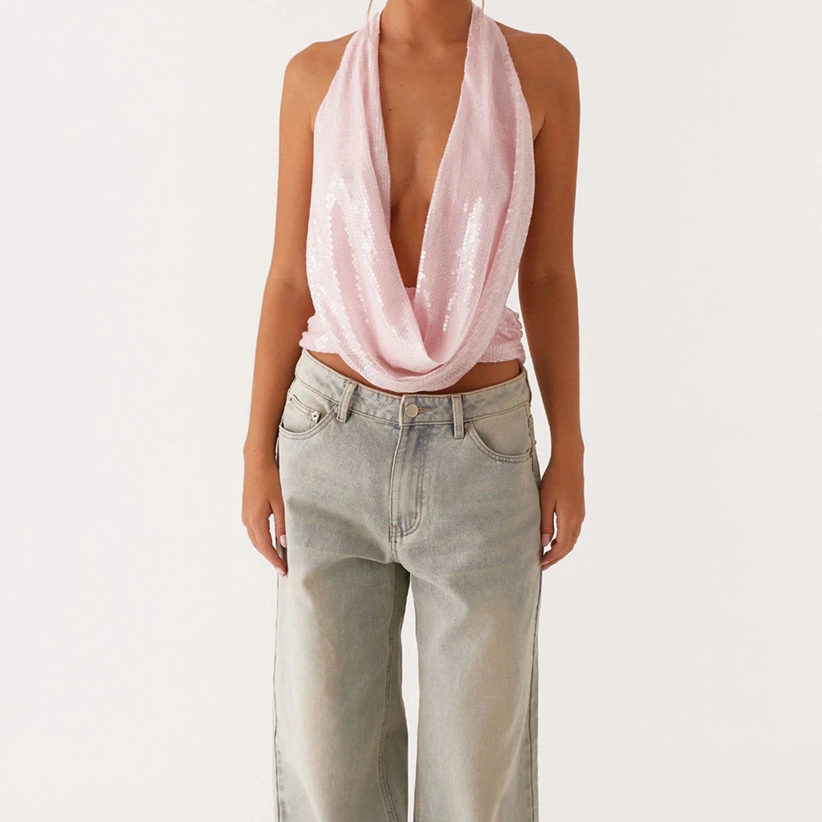 Sequin Deep Neck Halter Tank Top
