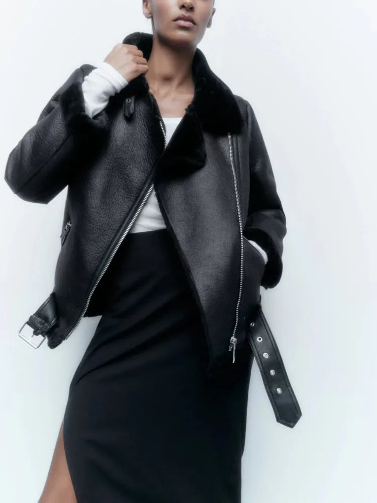 Faux Leather Double-Sided Zipper Biker Jacket