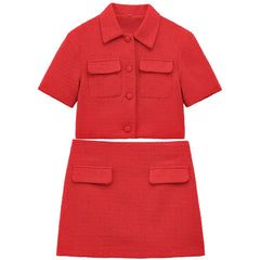 Red Solid Collar Short Sleeve Buttoned Top And Mini Skirt Set