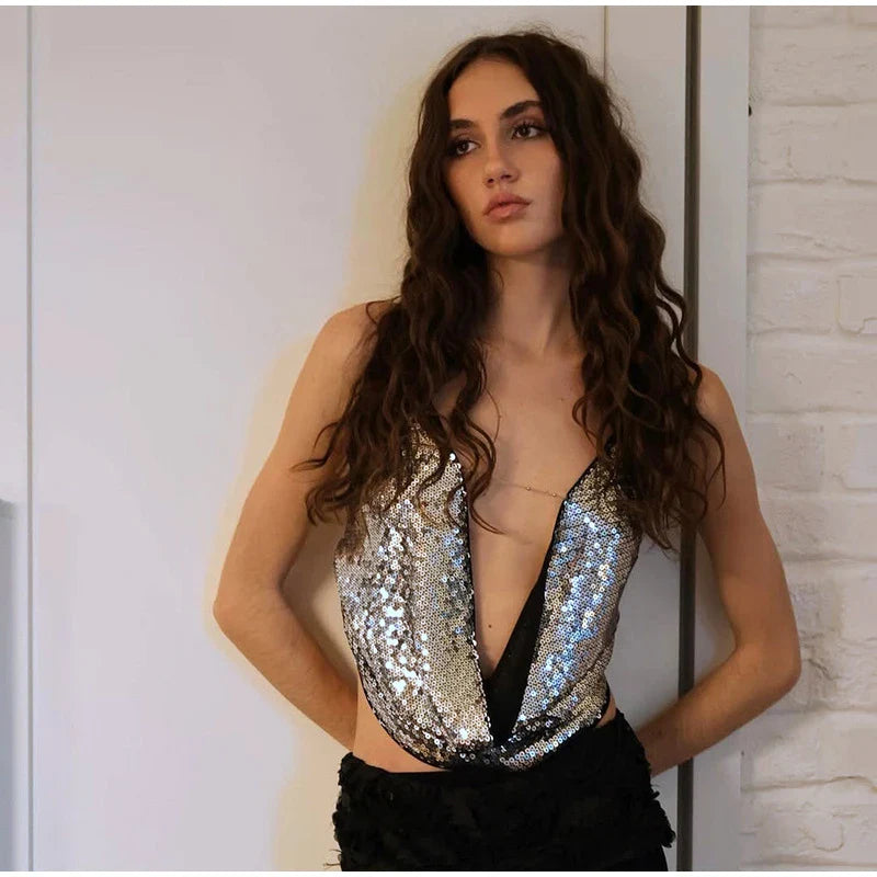 Silver Sequin Halter Open Back Top