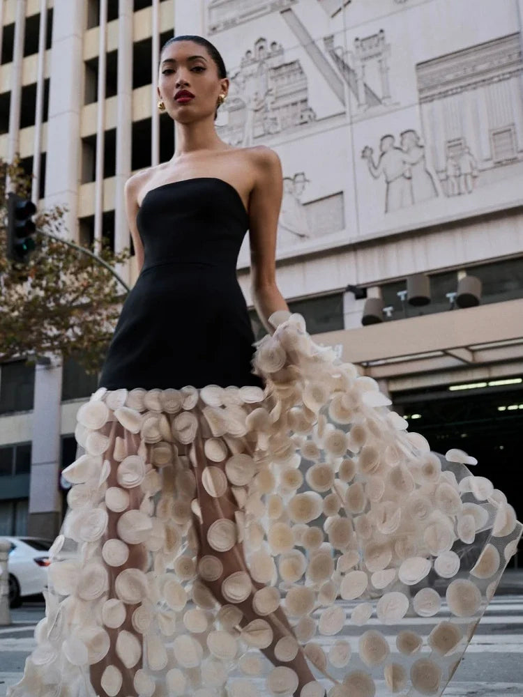 Black Strapless Dot Mesh Long Dress â€?A-Line Empire Waist