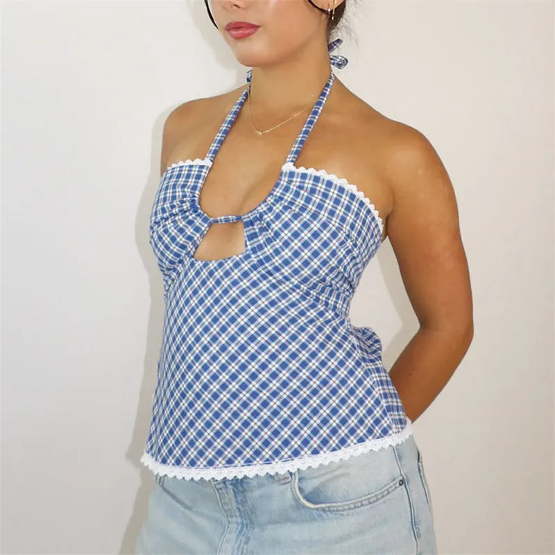 Plaid Halter Lace Trim Top