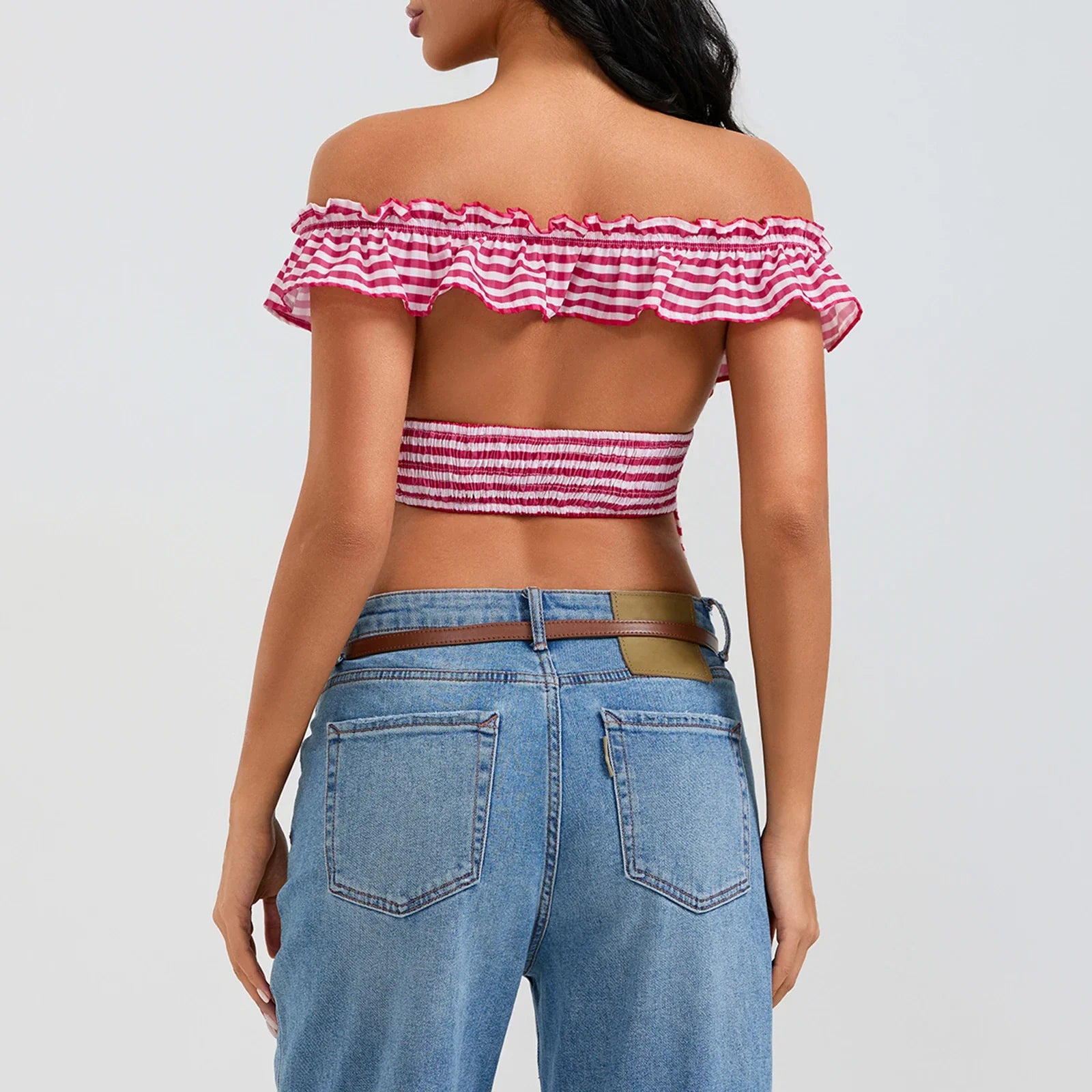 Red Plaid Off Shoulder Ruffles Top