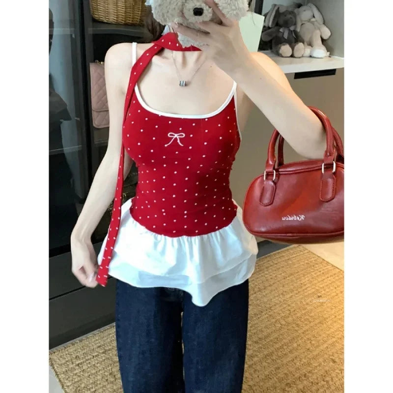 Red Polka Dot Bow Frill Top