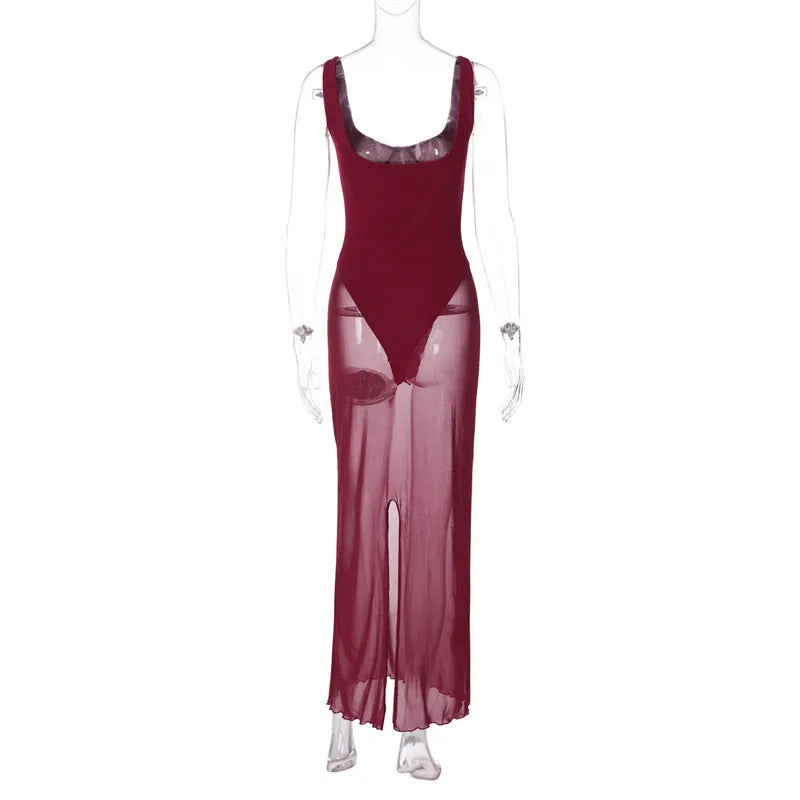 Solid Strap Mesh Bodysuit Maxi Dress