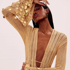 Beige Deep Neck Sequin Knitted Maxi Dress 