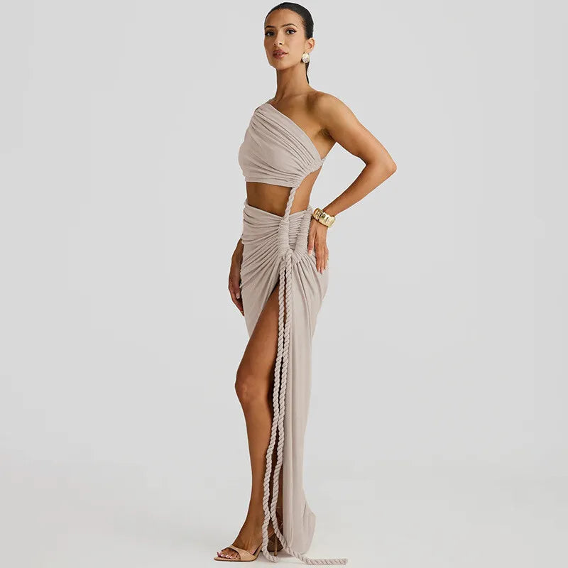 Cut Out Rope Design One Shoulder Slit Midi Dress