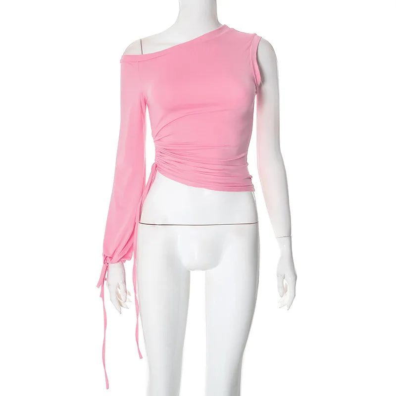 Pink One Shoulder Drawstring Top