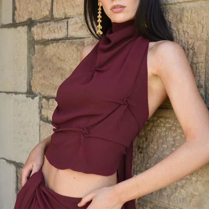 Halter Pinched Ruched Open Back Top