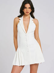 Collar Buttoned Backless Suit Mini Dress