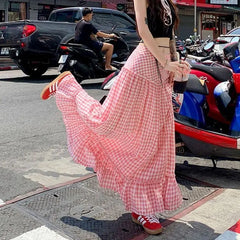 Pink Checkered Long Skirt - Casual A-Line