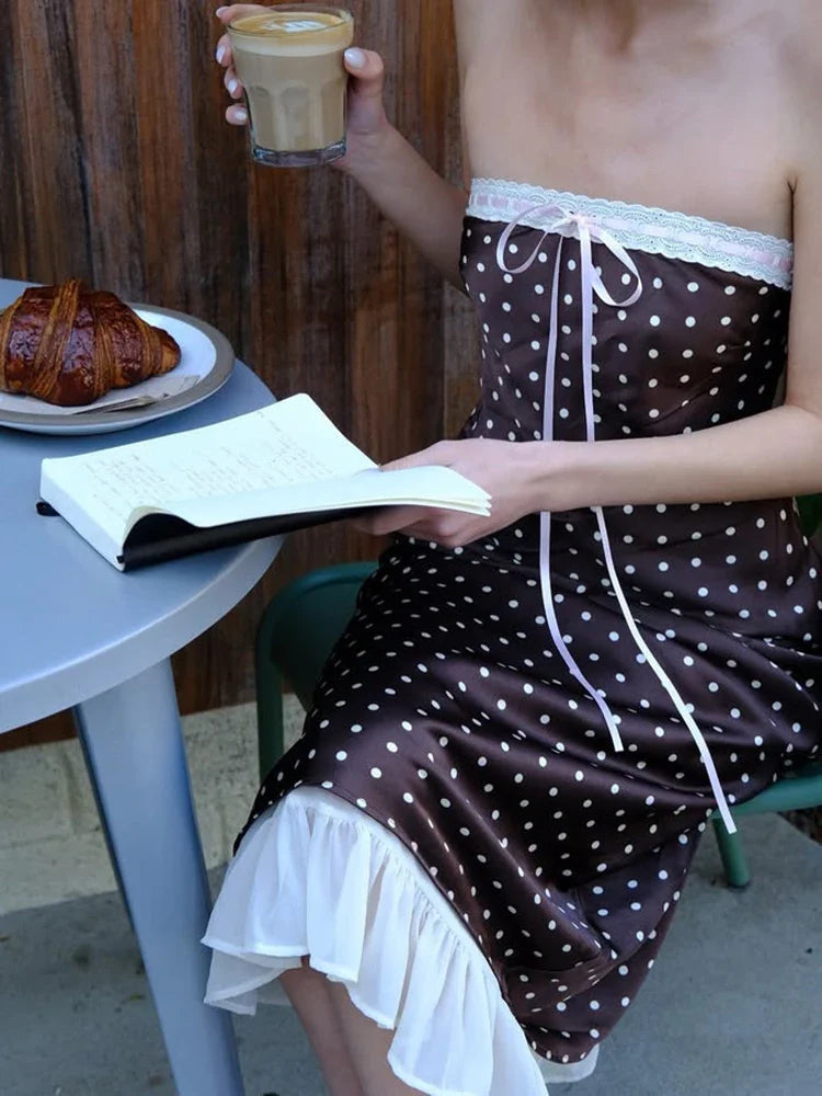 Brown Satin Polka Dot Strapless Midi Dress