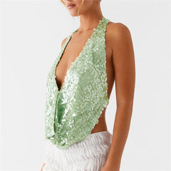 Deep Neck Sequin Halter Top â€?Backless Shine
