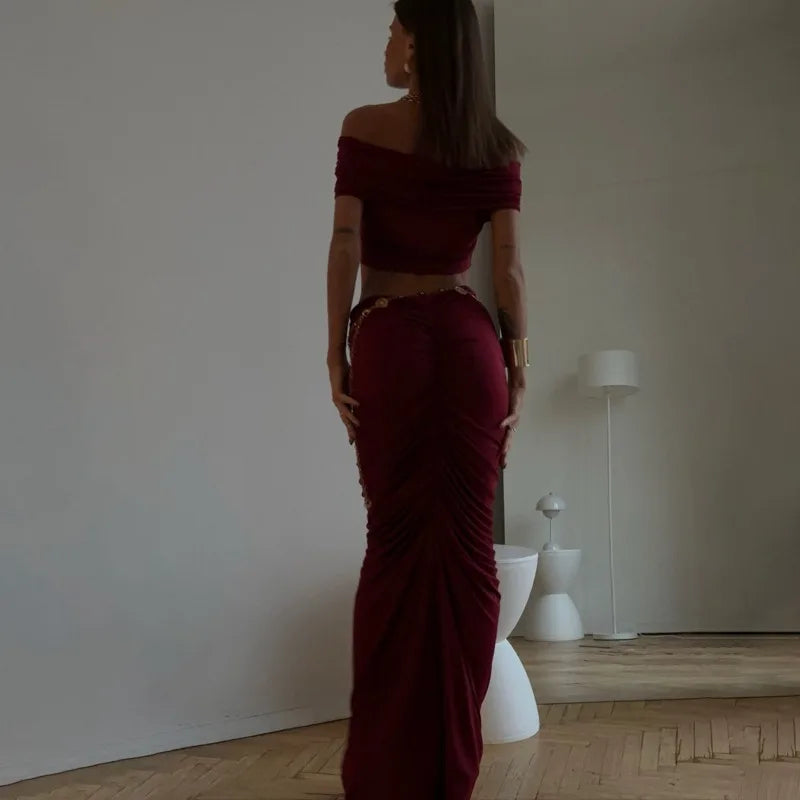 Off-shoulder Crop Top And Ruched Maxi Skirt Set