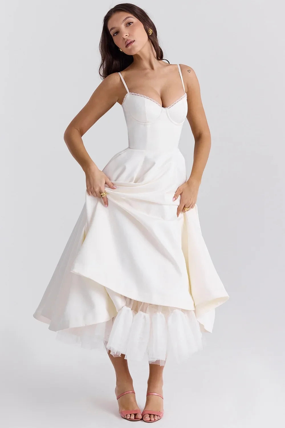 Satin Bustier Strap Tulle Midi Dress