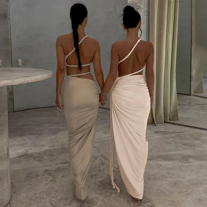 Cut Out Rope Design One Shoulder Slit Midi Dress