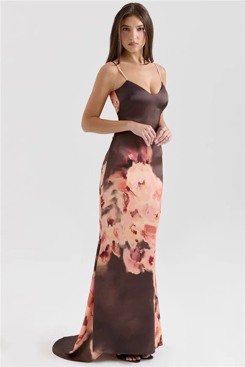 Brown Satin Floral Print Maxi Dress