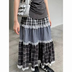 Patchwork Lace Plaid High Waist Skirt - Casual A-Line