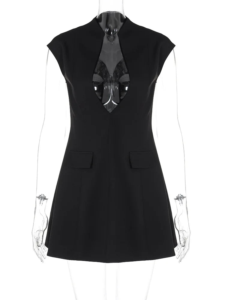 Black Deep Neck Short Sleeve Solid Mini Dress