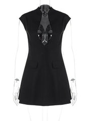 Black Deep Neck Short Sleeve Solid Mini Dress