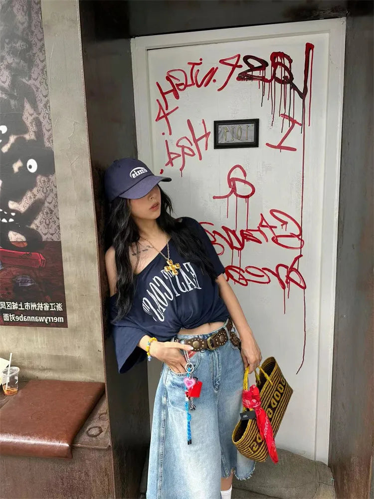 Blue East Cost Off Shoulder Graphic T Shirts