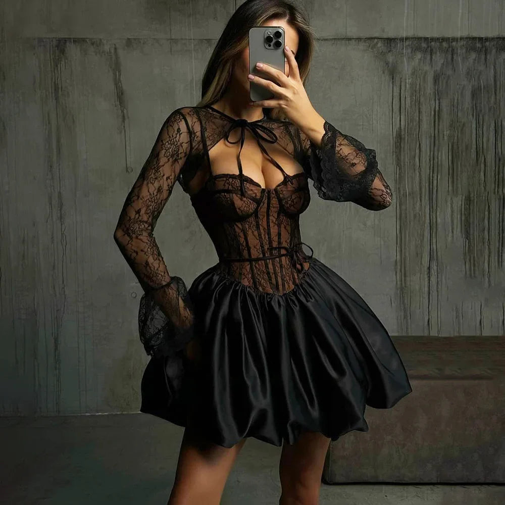 Black Lace Removable Sleeve Puff Mini Dress