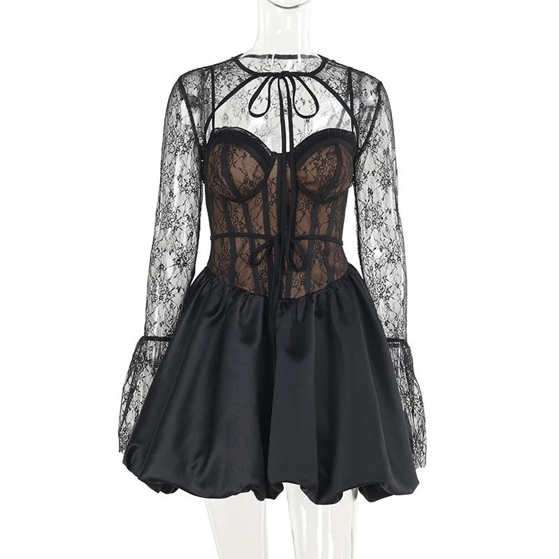 Black Lace Removable Sleeve Puff Mini Dress