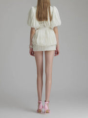 White Solid Spliced Appliqués Puff Mini Dress