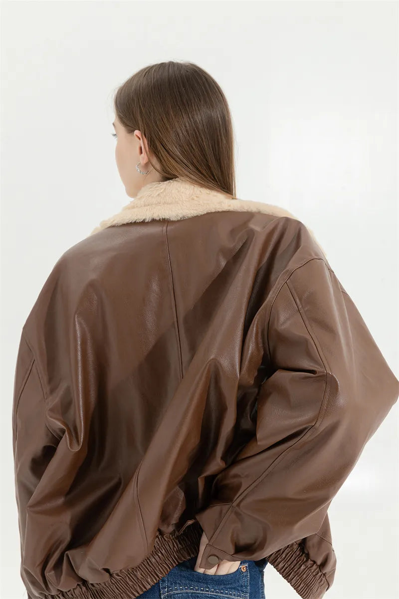 Faux Leather Lining Bomber Jacket