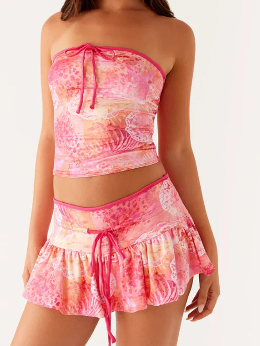Printed Drawstring Tube Top And Mini Skirt Set