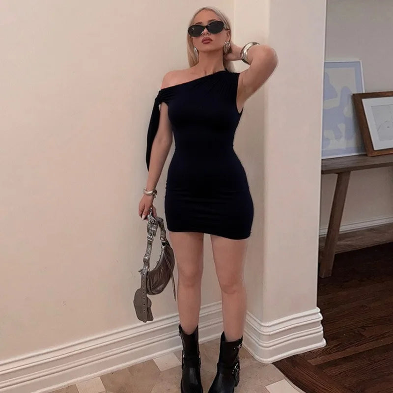 Black One Shoulder Tie Up Mini Dress