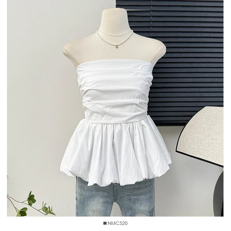 Elastic Pleated Puff Strapless Top - Medium Stretch