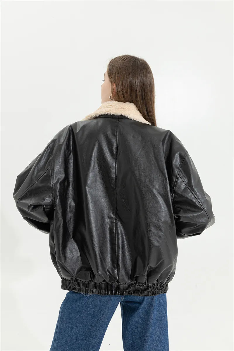 Faux Leather Lining Bomber Jacket