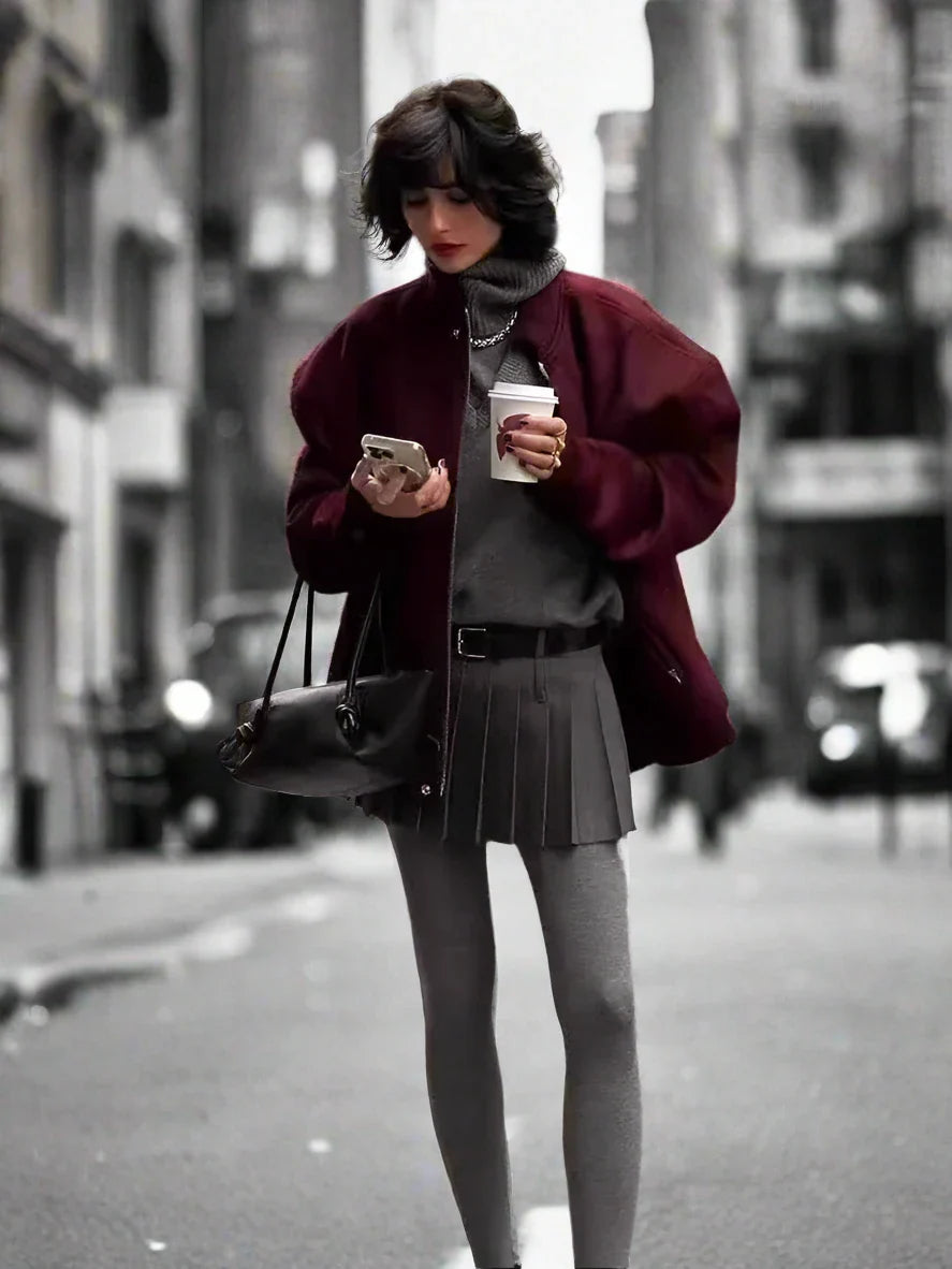 Burgundy Solid Baseball Jacket