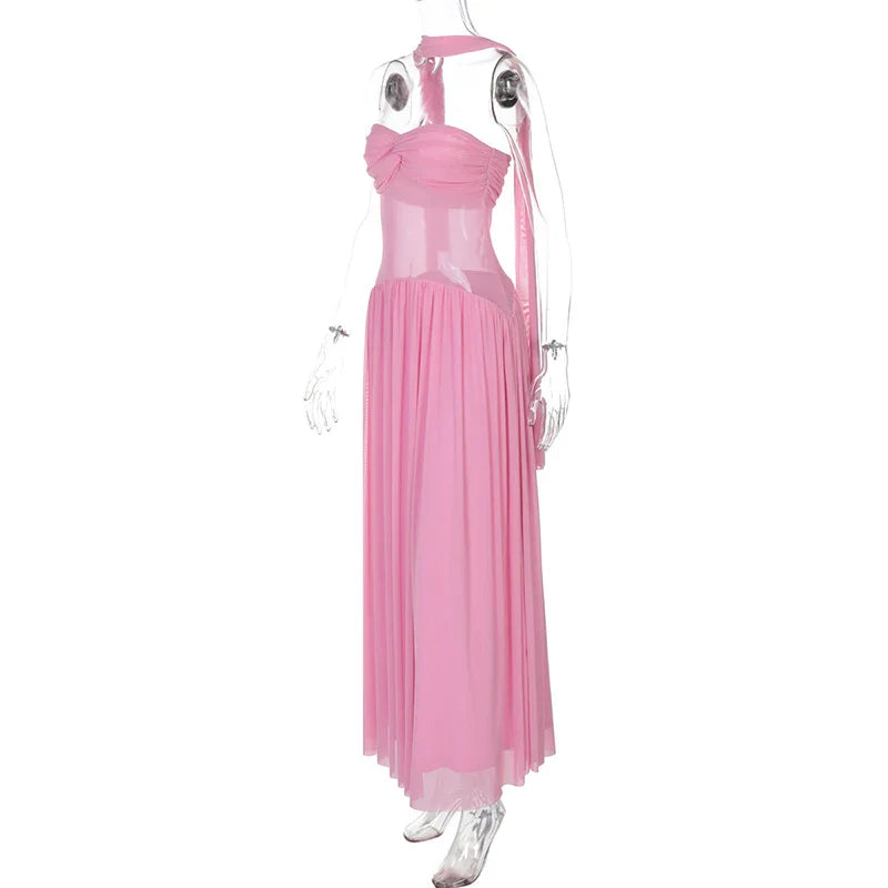 Pink Strapless Mesh Pachwork Long Scarf Maxi Dress
