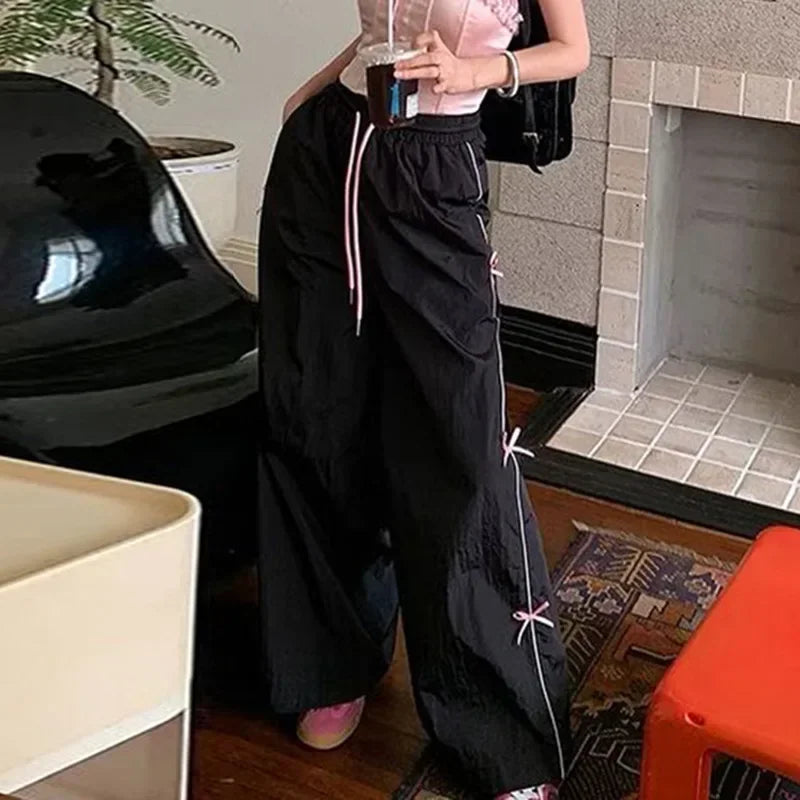 Black Side Bow Drawstring Straight Sweatpants
