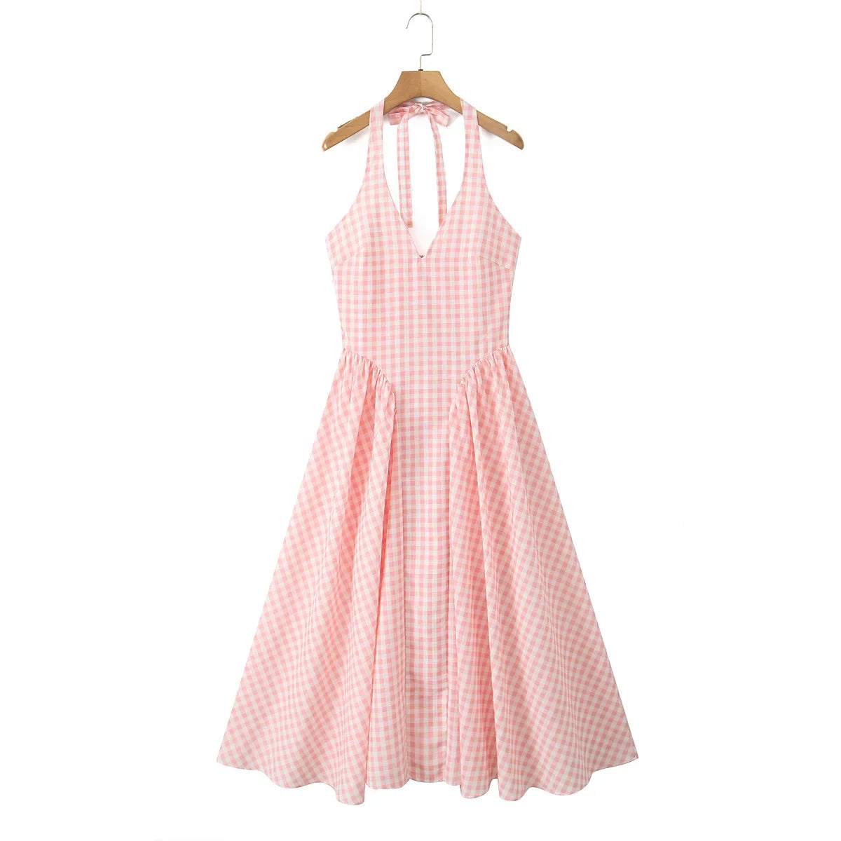 Pink Plaid Bow Halter Midi Dress