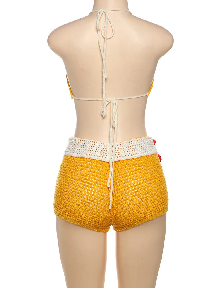 Yellow Crochet Bikini And Shorts Set