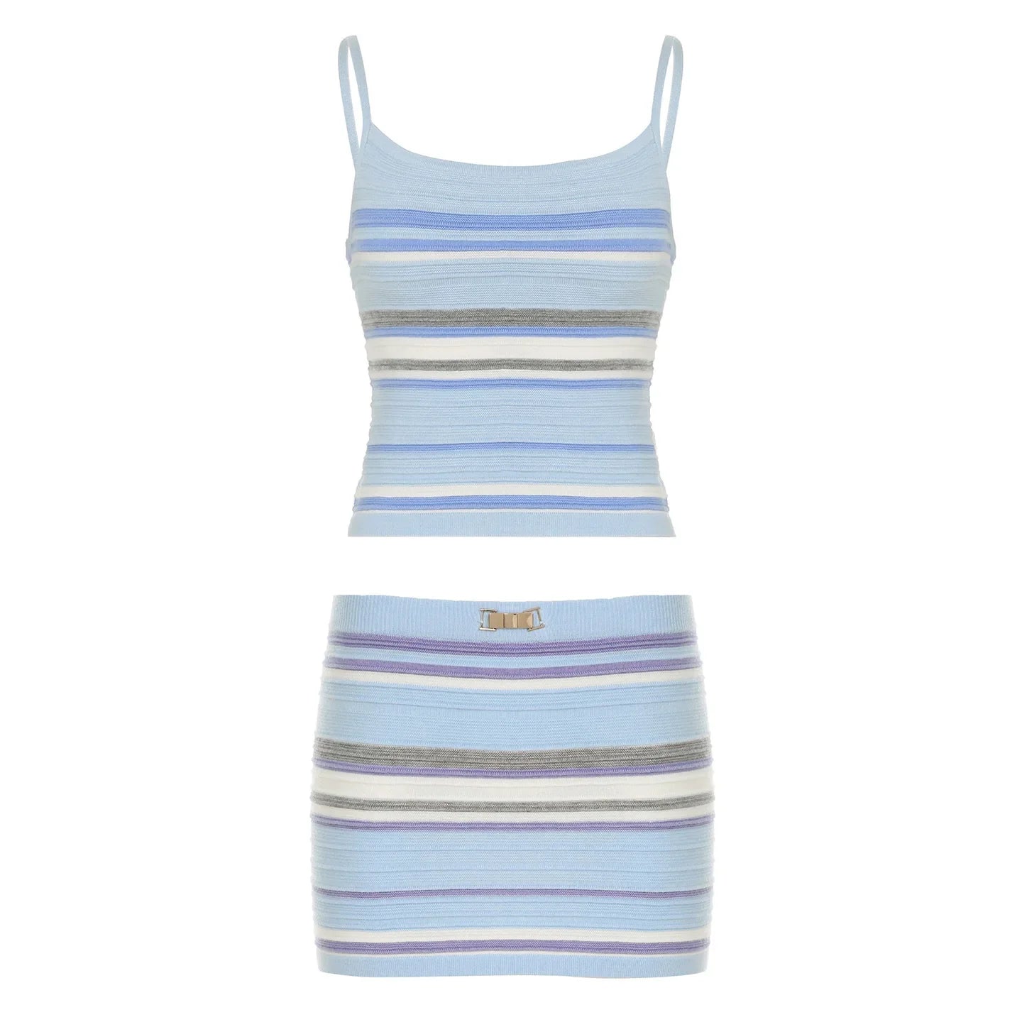 Blue Striped Knitted Cami Top And Mini Skirt Set