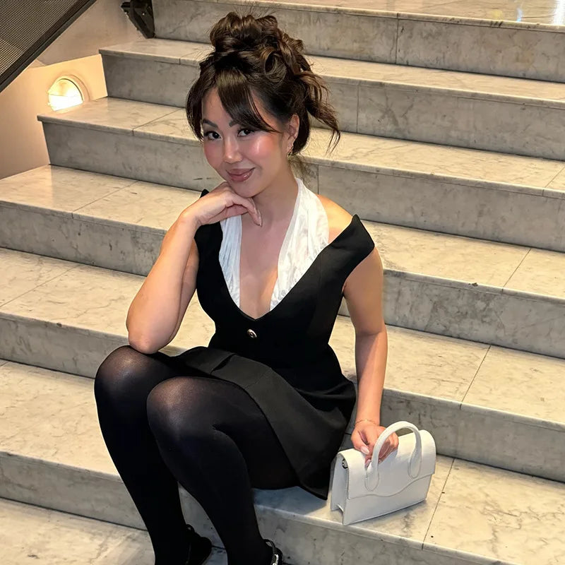 Black Off-Shoulder Contrast Halter Buttoned Mini Dress